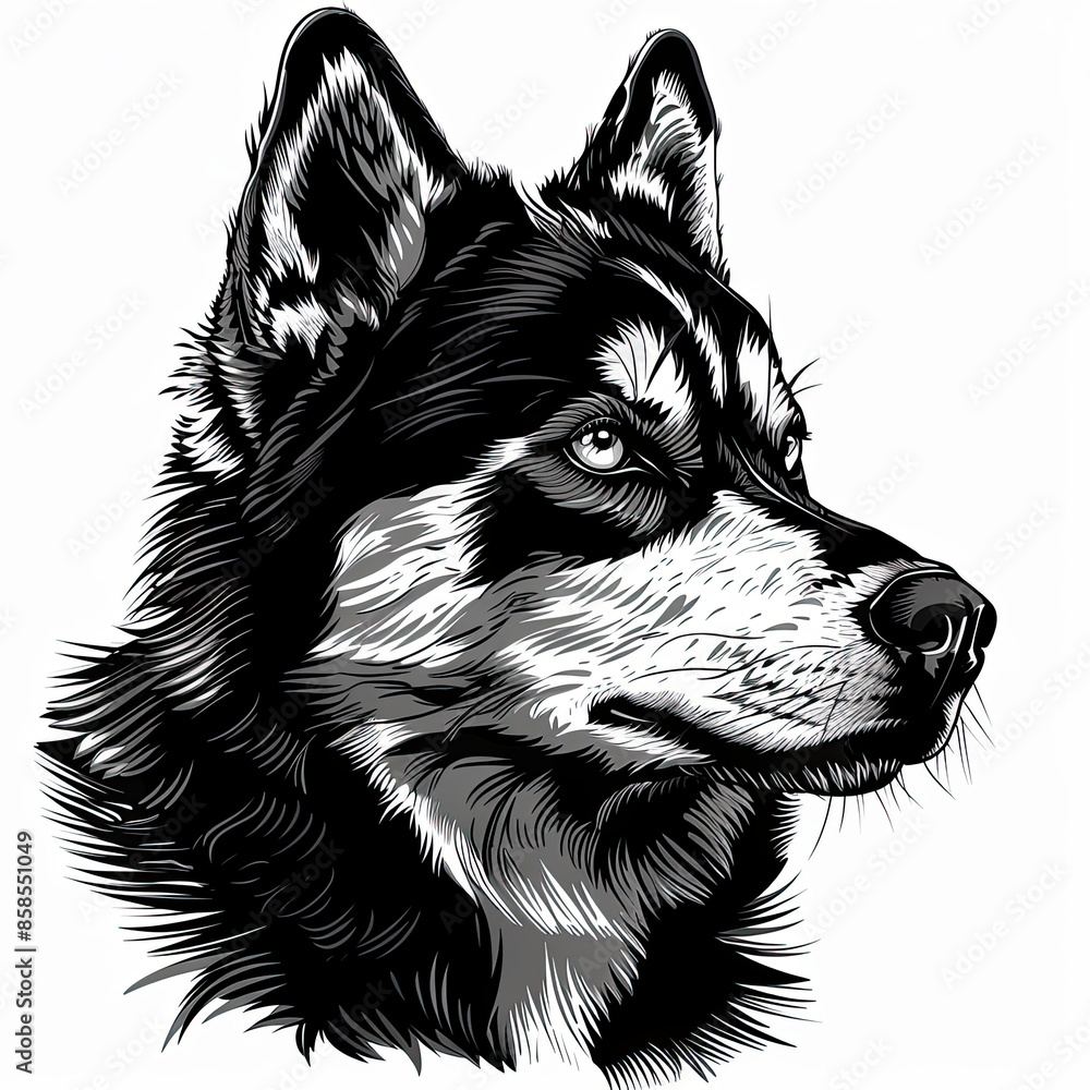 A black and white drawing of a siberian husky dog A black and white drawing of a siberian husky dog