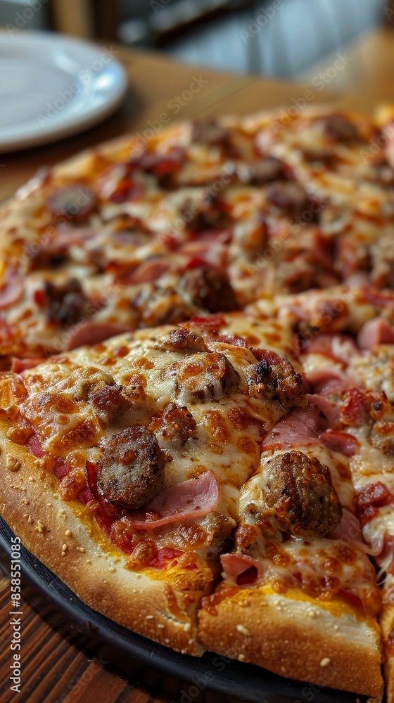 A delicious meat lover's pizza piled high with sausage, bacon, ham, and pepperoni, with a golden cheese topping A delicious meat lover's pizza piled high with sausage, bacon, ham, and pepperoni, with a golden cheese topping