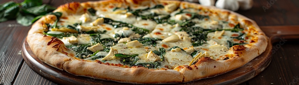 A delicious white pizza with a creamy garlic sauce, spinach, artichokes, and a blend of mozzarella and ricotta cheese A delicious white pizza with a creamy garlic sauce, spinach, artichokes, and a blend of mozzarella and ricotta cheese