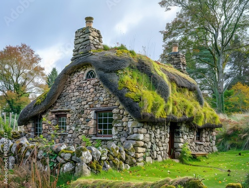 A traditional Scottish Blackhouse with stone walls and thatched roof  photo
