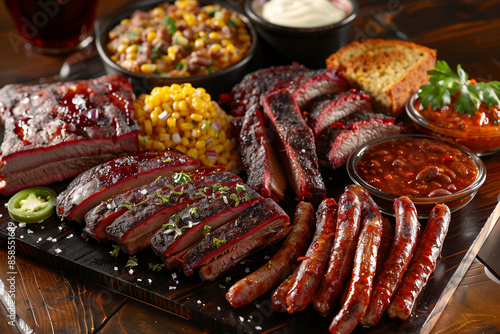 texas bbq sampler platter featuring brisket ribs sausage corn and beans with cornbread and jalapeno slices photo