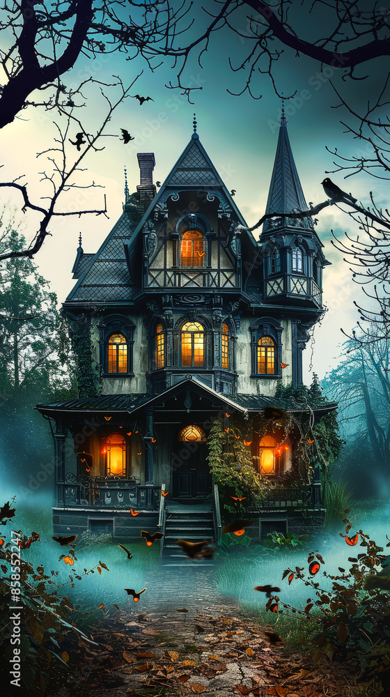 Spooky Gothic Haunted House with Glowing Windows in a Foggy Forest at Dusk with Bats Flying Around and Eerie Atmosphere Spooky Gothic Haunted House with Glowing Windows in a Foggy Forest at Dusk with Bats Flying Around and Eerie Atmosphere