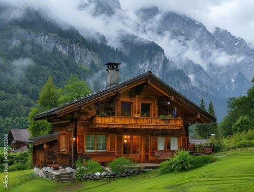 A traditional Swiss Chalet with wooden walls and sloping roof  © bvb215