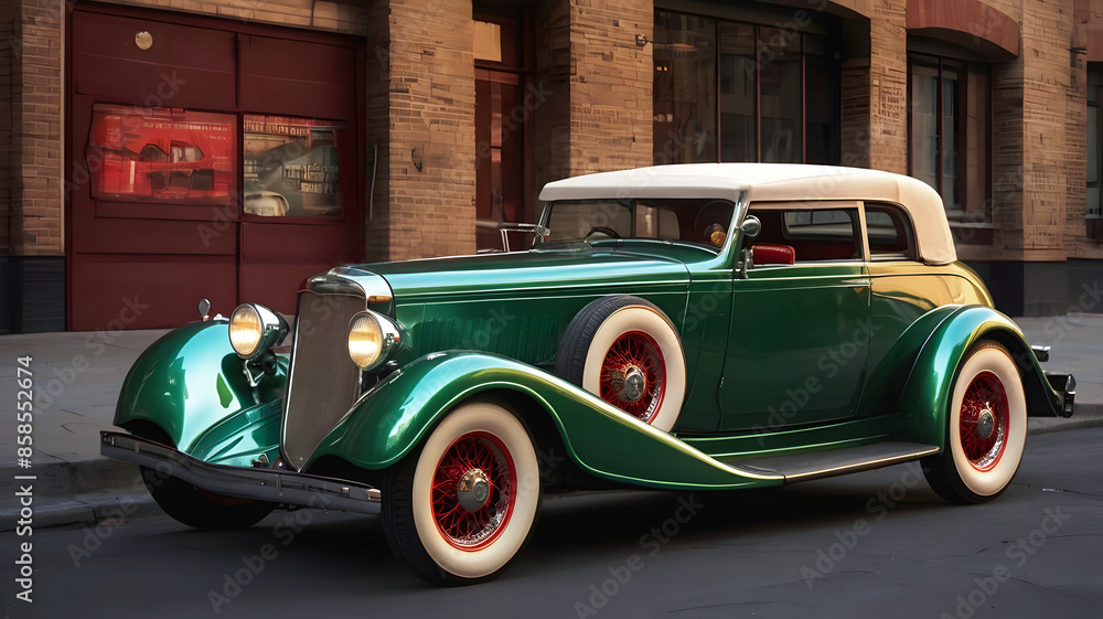 beautiful old timer hot rod vintage metallic green car at sunset, transport and vehicles, automotive background, auto mock up
