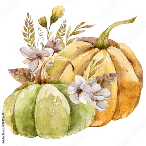 Watercolor illustration of floral pumpkin bouquet composition with autumn dried flowers, leaves, berries. Hand painted watercolor clipart for Halloween and Thanksgiving card, wedding invitation photo