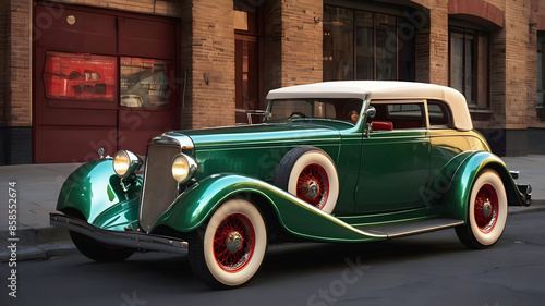 beautiful old timer hot rod vintage metallic green car at sunset, transport and vehicles, automotive background, auto mock up