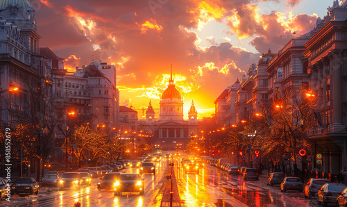 Bucharest Calea Victoriei at Sunset with the National Library Illuminated by a Fiery Sky and City Lights, Showcasing Urban Evening Life, Historic Architecture, and Captivating Scenery photo