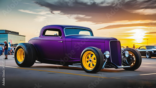 Obraz na płótnie beautiful old timer hot rod vintage purple car at sunset, transport and vehicles, automotive background, auto mock up w salonie