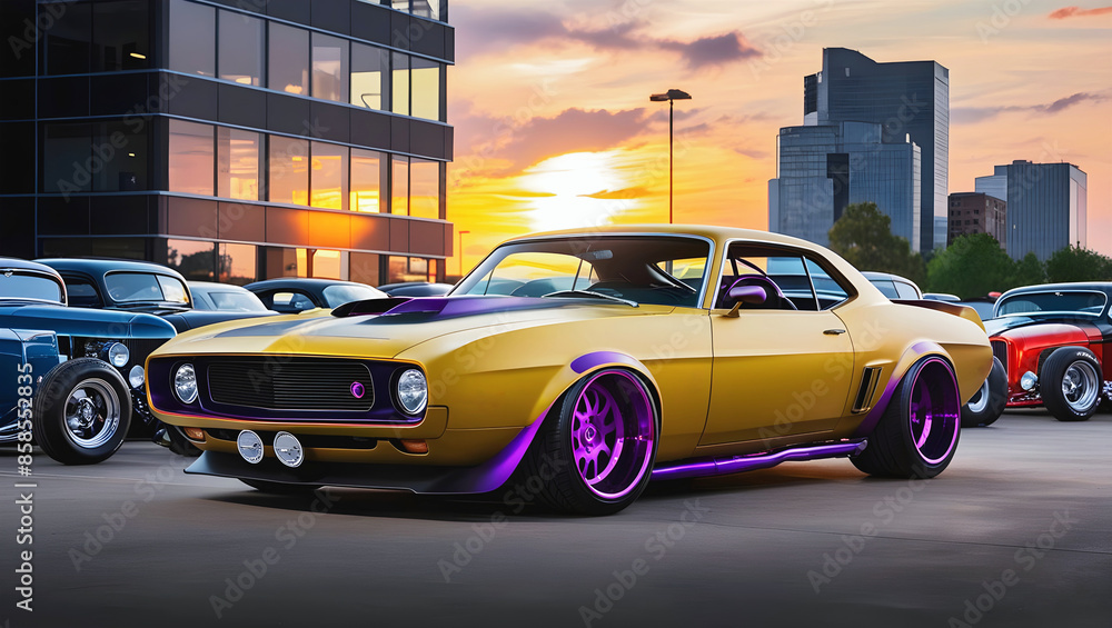 beautiful old timer hot rod vintage matte yellow purple car at sunset, transport and vehicles, automotive background, auto mock up