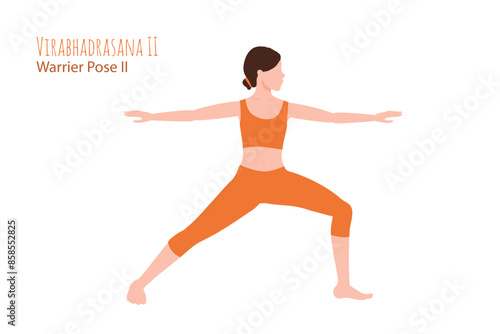 Woman in orange outfit in a yoga pose. Female cartoon character demonstrating various yoga positions isolated on light background. Colorful flat illustration for spiritual, yoga, sport, social media. © taniKoArt