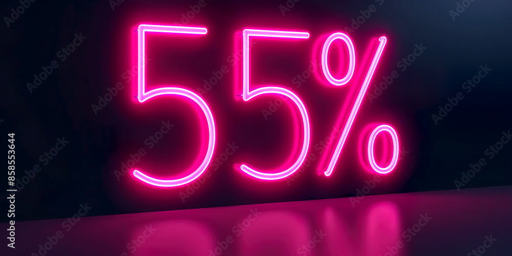 pink neon advertisement:55% discount on dark wall pink neon advertisement:55% discount on dark wall