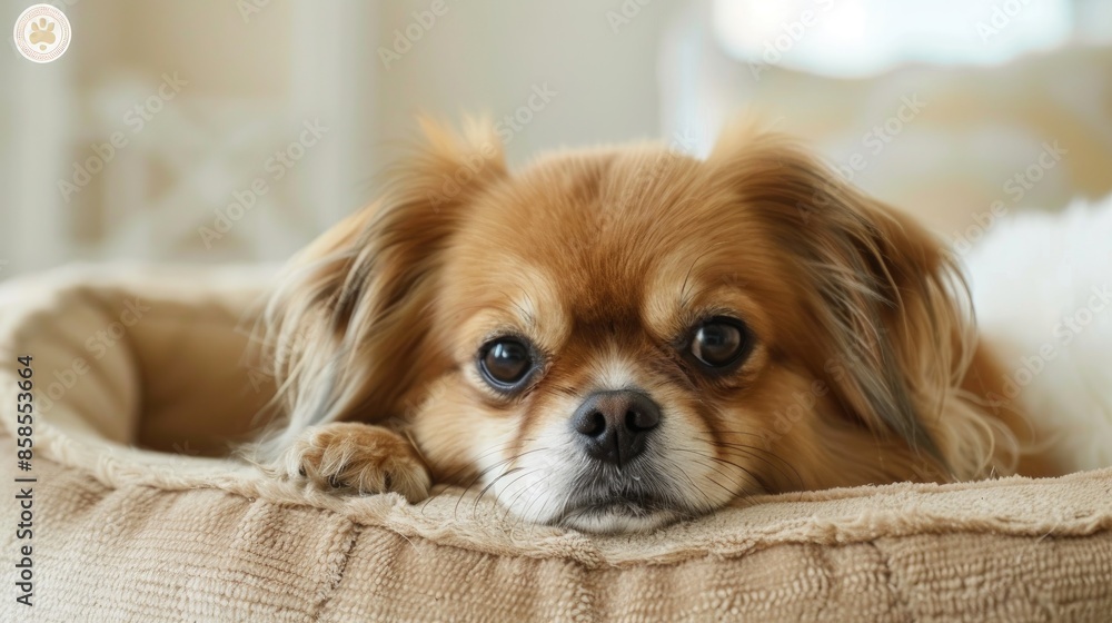 Adorable Pekingese dog on pet bed with room for text Adorable Pekingese dog on pet bed with room for text