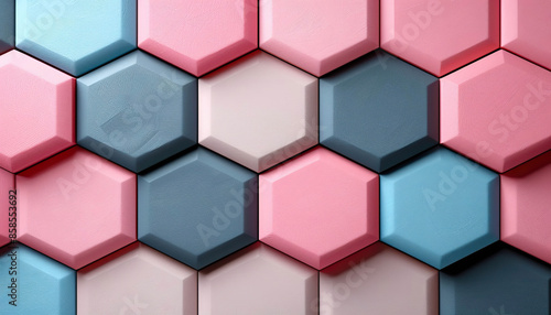 Pastel pink, blue and grey hexagonal pattern background. Generated by AI.