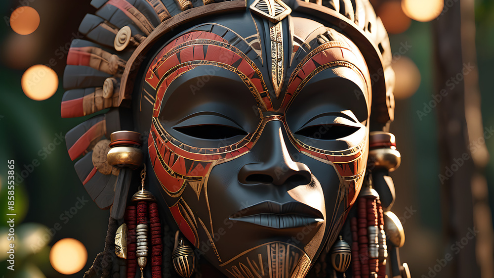 a realistic replica of an African tribal mask. a realistic replica of an African tribal mask.