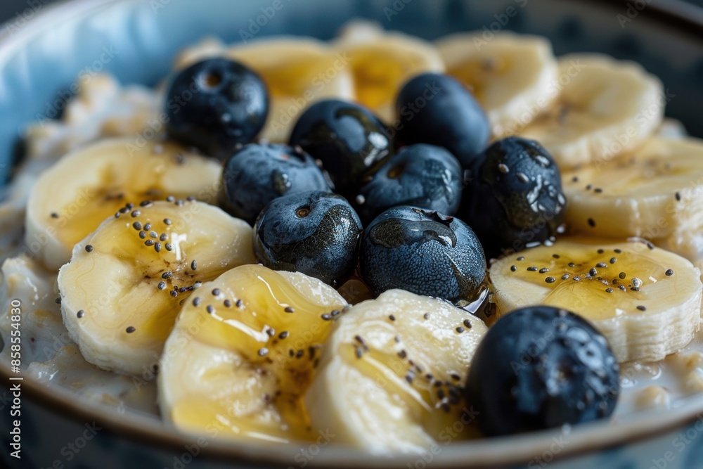 A Bowl of Oatmeal With Banana and Blueberry Toppings A Bowl of Oatmeal With Banana and Blueberry Toppings
