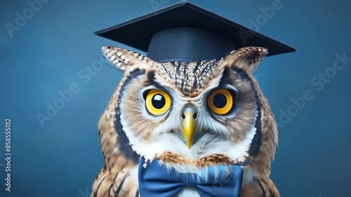 A wise-looking owl wearing a graduation cap and bow tie is set against a blue background. The owl has large, expressive yellow eyes and conveys a scholarly and distinguished mood. photo