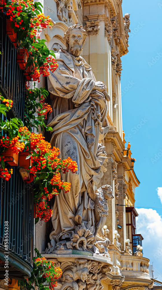 Obraz premium Historic Stone Statue with Flowered Balcony in Valencia's Saint Mary's Square under Bright Blue Sky