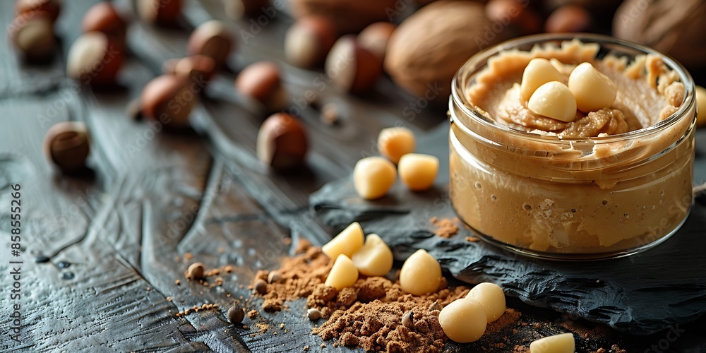 Macadamia Nut Butter in a Jar with Scattered Nuts Macadamia Nut Butter in a Jar with Scattered Nuts