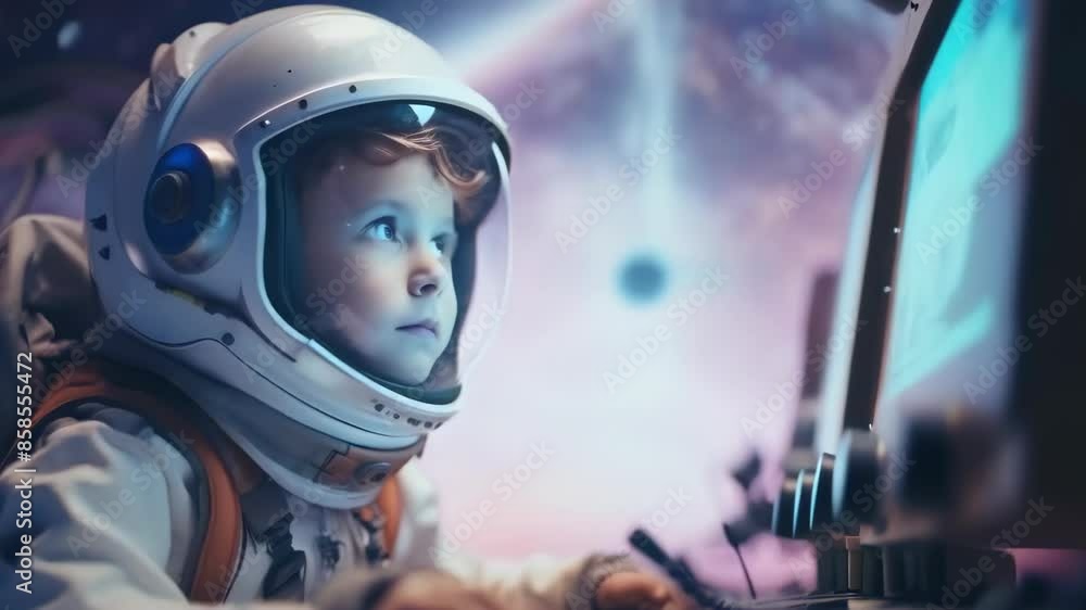 A young Caucasian boy in an astronaut suit is intently looking at a computer screen, simulating a space mission. He appears curious and focused, suggesting an imaginative play environment. The scene A young Caucasian boy in an astronaut suit is intently looking at a computer screen, simulating a space mission. He appears curious and focused, suggesting an imaginative play environment. The scene