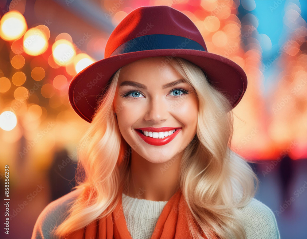 Beautiful woman - closeup - portrait - smiling blonde with red lips and hat Beautiful woman - closeup - portrait - smiling blonde with red lips and hat