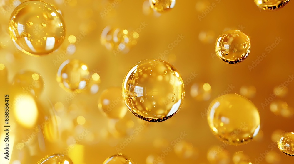 The image displays multiple spherical droplets made of a golden, reflective material suspended in mid-air against a golden-yellow background The image displays multiple spherical droplets made of a golden, reflective material suspended in mid-air against a golden-yellow background