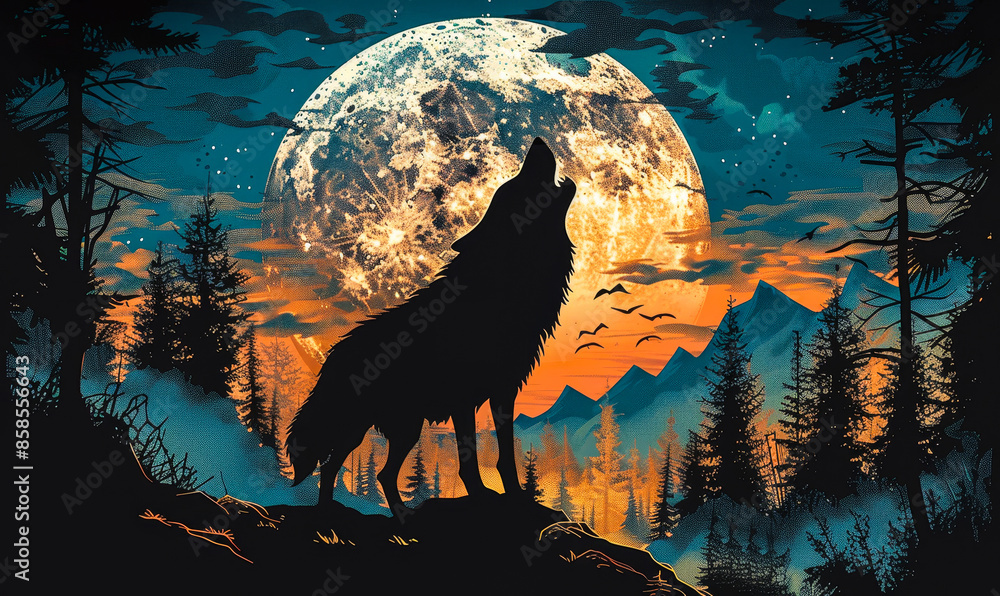 Fototapeta premium Majestic Wolf Howling at Full Moon in Dark Forest Vector Illustration - Wild Animal Under Night Sky, Silhouette Scene, Nature and Wilderness Concept