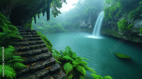 Serene Beauty of Cenote Ik Kil Mexico with Turquoise Waters and Lush Greenery in Minimalist Style photo