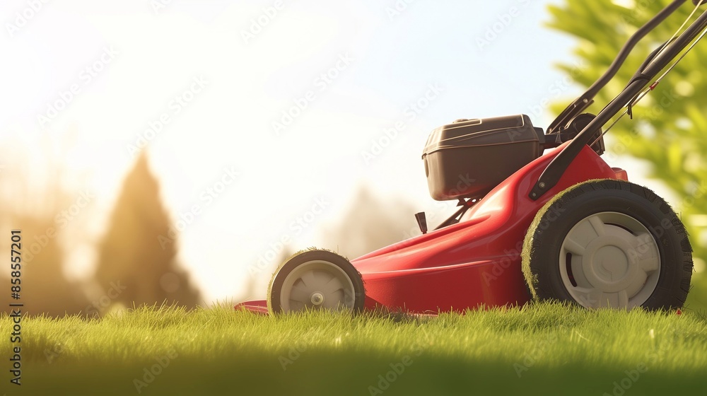lawnmower on grass on sunny day. Unusual perspective. Generative ai lawnmower on grass on sunny day. Unusual perspective. Generative ai