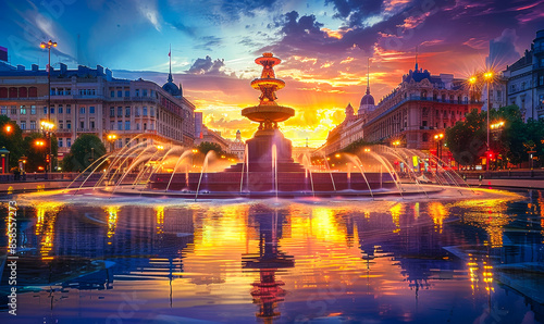 Magical Sunset at Unirii Square Bucharest with Illuminated Fountain and Historic Buildings in Vibrant Colors Reflection photo