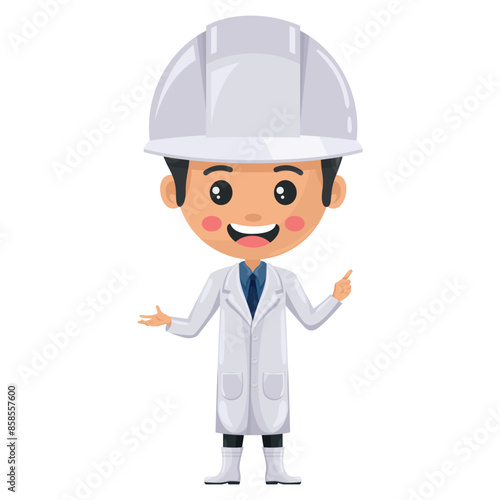 Quality control supervisor pointing his finger. Express an idea and indicate with the index finger. Food industry engineer. Chief food safety engineer. Safety in food production and processing