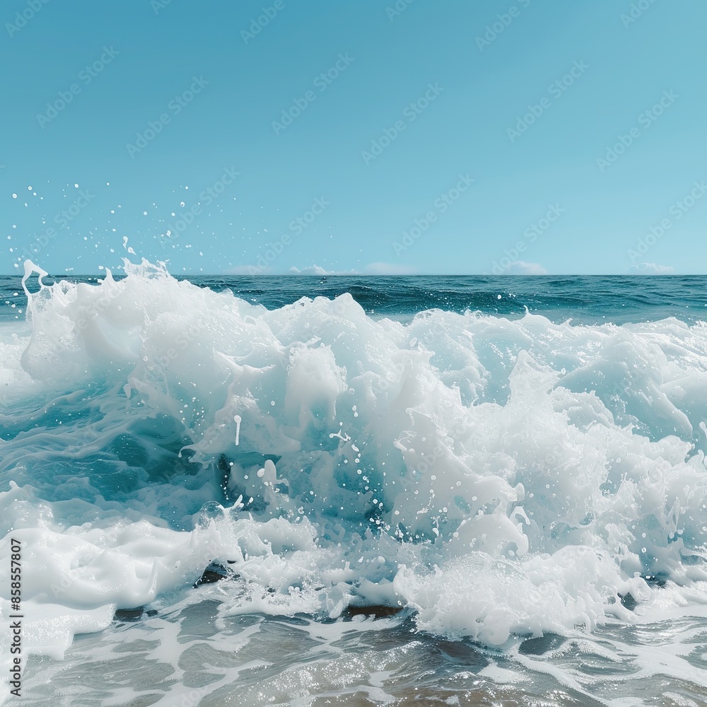 Fototapeta premium Captivating ocean wave crashing onto shore under a clear blue sky, showcasing the power and beauty of nature.