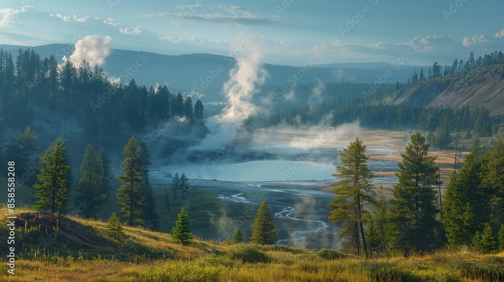 Serene Yellowstone Plateau: Geothermal Wonders, Lush Forests, and Majestic Mountains in Minimalist Midday Light Serene Yellowstone Plateau: Geothermal Wonders, Lush Forests, and Majestic Mountains in Minimalist Midday Light