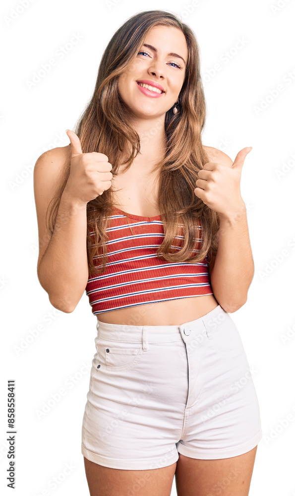 Beautiful caucasian young woman wearing casual clothes success sign doing positive gesture with hand, thumbs up smiling and happy. cheerful expression and winner gesture. Beautiful caucasian young woman wearing casual clothes success sign doing positive gesture with hand, thumbs up smiling and happy. cheerful expression and winner gesture.