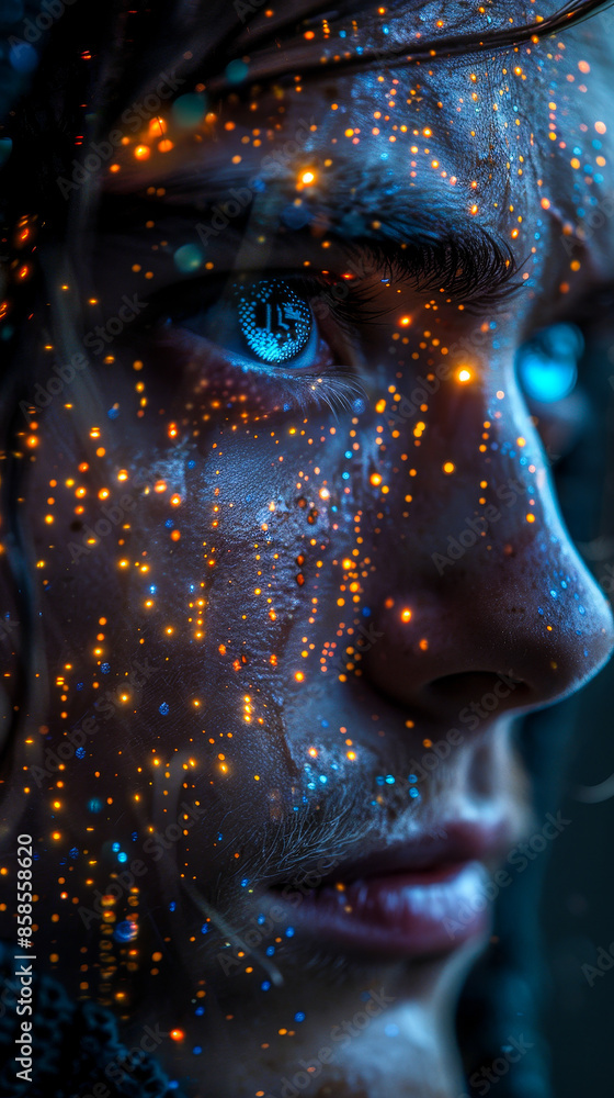 Close-Up of Man's Face with Cyber Security Graphics and Digital Interface Effects, Highlighting the Importance of Cyber Security in the Digital Age, with Futuristic, High-Tech Concept Close-Up of Man's Face with Cyber Security Graphics and Digital Interface Effects, Highlighting the Importance of Cyber Security in the Digital Age, with Futuristic, High-Tech Concept