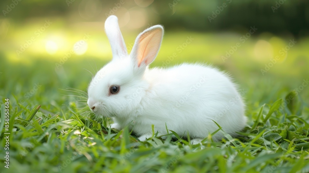 A white baby rabbit playing on green grass A white baby rabbit playing on green grass