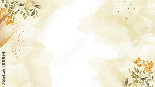 Watercolor painting of flowers and leaves on a textured background. Warm themed backdrop for wedding invitation.