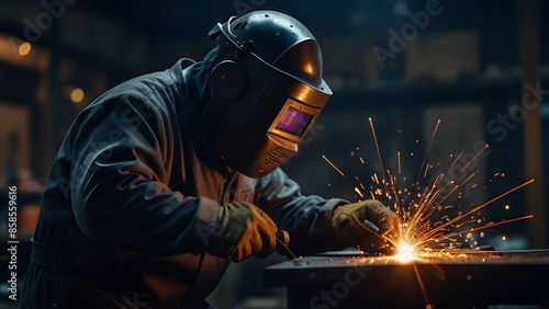 Welder in Work Uniform Welding on Anvil