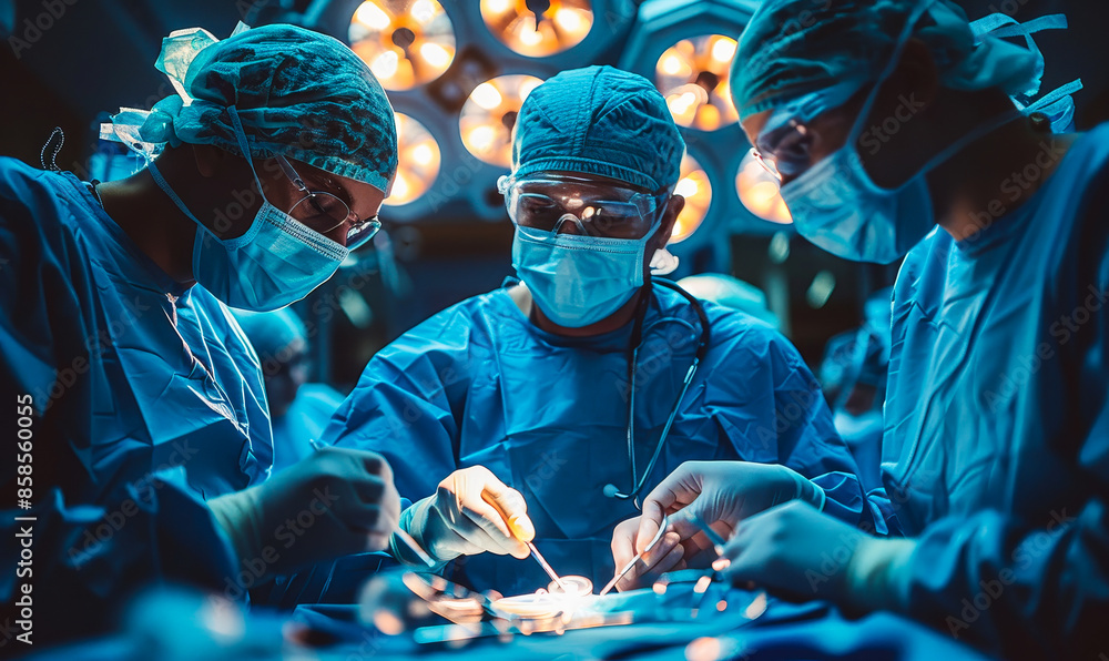 Medical Team Performing Complex Surgical Operation in Modern Operating Room Under Bright Lights, Focused Surgeons in Blue Scrubs Conducting Surgery, Medical Procedure, Operating Theater Medical Team Performing Complex Surgical Operation in Modern Operating Room Under Bright Lights, Focused Surgeons in Blue Scrubs Conducting Surgery, Medical Procedure, Operating Theater