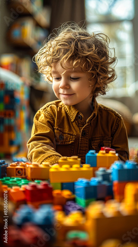 Joyful Child Playing with Colorful Lego Bricks in Sunlit Room, Immersed in Creative Play, Building Blocks, and Imagination, Winter Morning, Indoors, Bedroom, Innocence and Wonder Captured