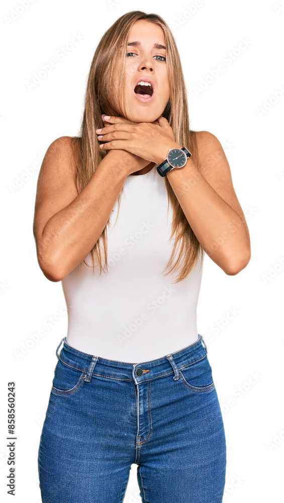Young blonde woman wearing casual style with sleeveless shirt shouting suffocate because painful strangle. health problem. asphyxiate and suicide concept. Young blonde woman wearing casual style with sleeveless shirt shouting suffocate because painful strangle. health problem. asphyxiate and suicide concept.