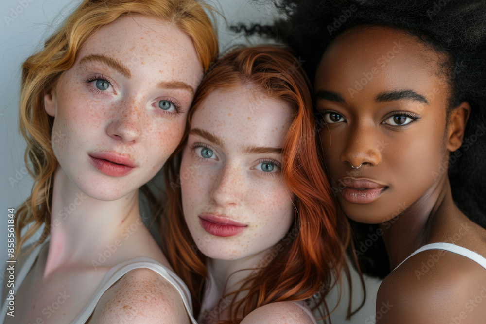 Young multiracial women standing together and smiling. Diverse beauty, natural features, unity and individuality Young multiracial women standing together and smiling. Diverse beauty, natural features, unity and individuality