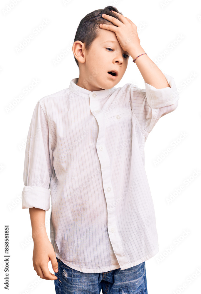 Cute blond kid wearing elegant shirt surprised with hand on head for mistake, remember error. forgot, bad memory concept. Cute blond kid wearing elegant shirt surprised with hand on head for mistake, remember error. forgot, bad memory concept.