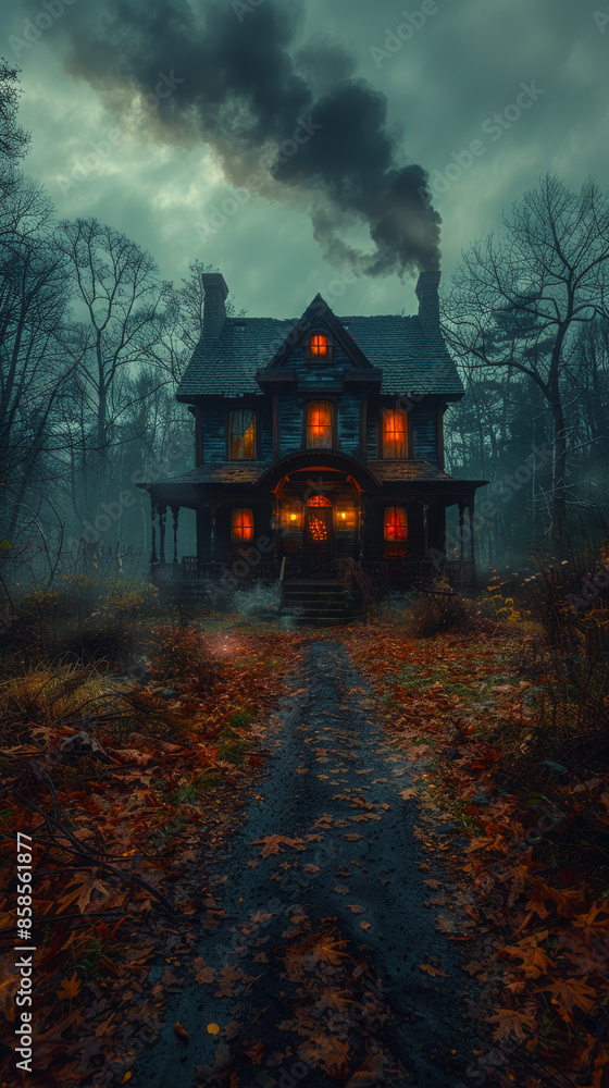 Haunted House with Glowing Lights in Spooky Forest, Halloween Night, Eerie Atmosphere, Dark Horror Scene, Mansion with Smoky Chimney, Overgrown Path, Moody Sky, Sinister, Creepy Abandoned Building Haunted House with Glowing Lights in Spooky Forest, Halloween Night, Eerie Atmosphere, Dark Horror Scene, Mansion with Smoky Chimney, Overgrown Path, Moody Sky, Sinister, Creepy Abandoned Building