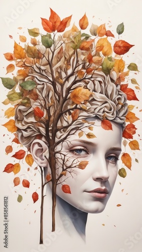 Creative Mind: Human Brain Tree with Colorful Leaves Symbolizing Nature and Alzheimer's Awareness