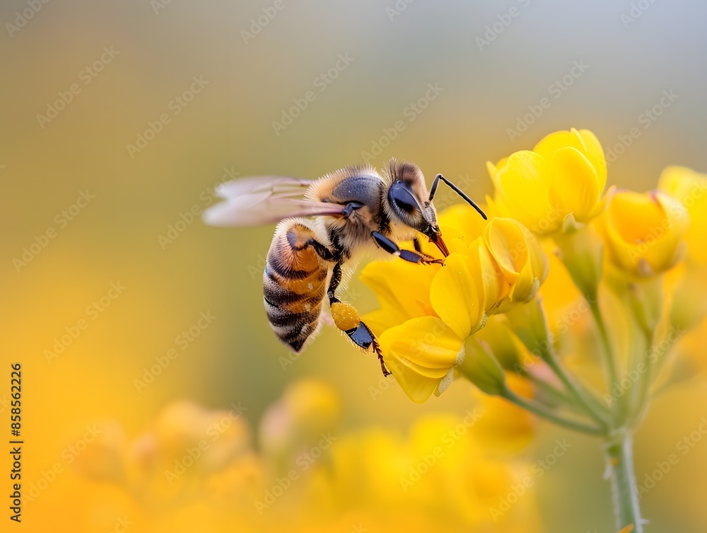 A macro photograph capturing a honeybee as it delicately lands on a vibrant yellow flower. The close-up shot highlights the intricate details of the bee, including its fuzzy body, delicate wings A macro photograph capturing a honeybee as it delicately lands on a vibrant yellow flower. The close-up shot highlights the intricate details of the bee, including its fuzzy body, delicate wings