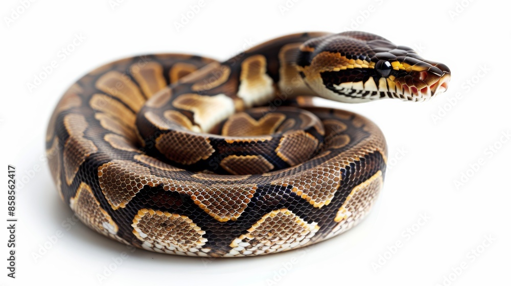 Close-up of a coiled ball python on a white background, detailed view. Exotic pet and reptile concept Close-up of a coiled ball python on a white background, detailed view. Exotic pet and reptile concept