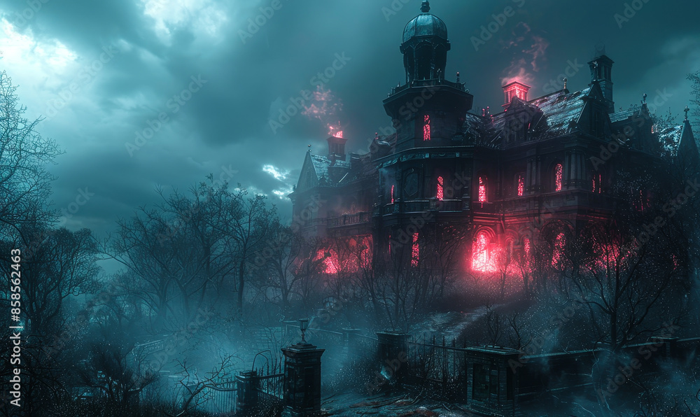 Creepy Abandoned Mansion Illuminated by Eerie Red Lights, Nighttime Haunted House Scene with Dark Foggy Atmosphere, Perfect for Halloween Horror Themes Creepy Abandoned Mansion Illuminated by Eerie Red Lights, Nighttime Haunted House Scene with Dark Foggy Atmosphere, Perfect for Halloween Horror Themes
