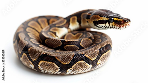 Close-up of a coiled ball python on a white background, detailed view. Exotic pet and reptile concept © iVGraphic