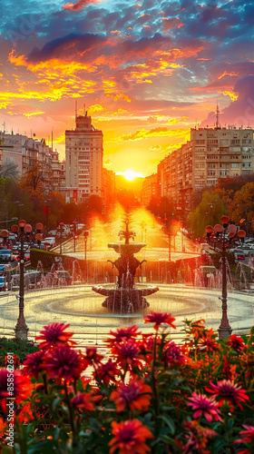 Beautiful Bucharest Sunset Over Piata Unirii Fountain with Blooming Flowers in Foreground, Vibrant Cityscape, Architecture, and Urban Life at Dusk, Capturing the Golden Hour and Urban Serenity