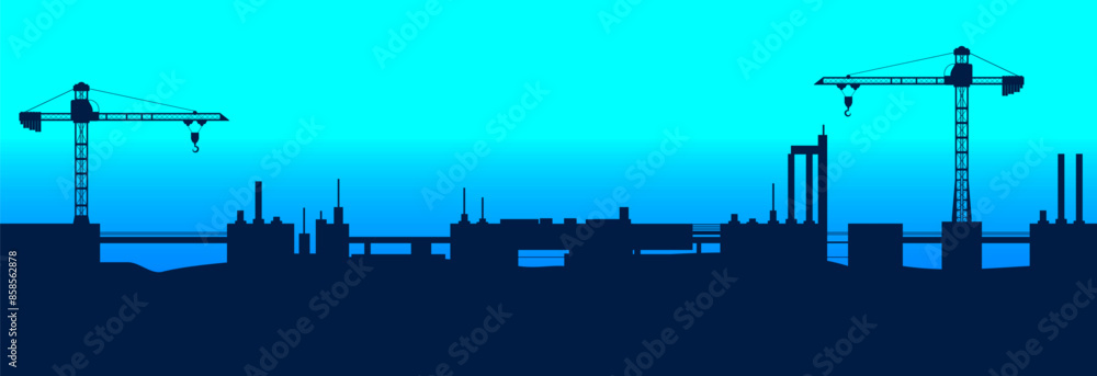 Obraz premium A huge construction with a tower crane. Vector drawing.